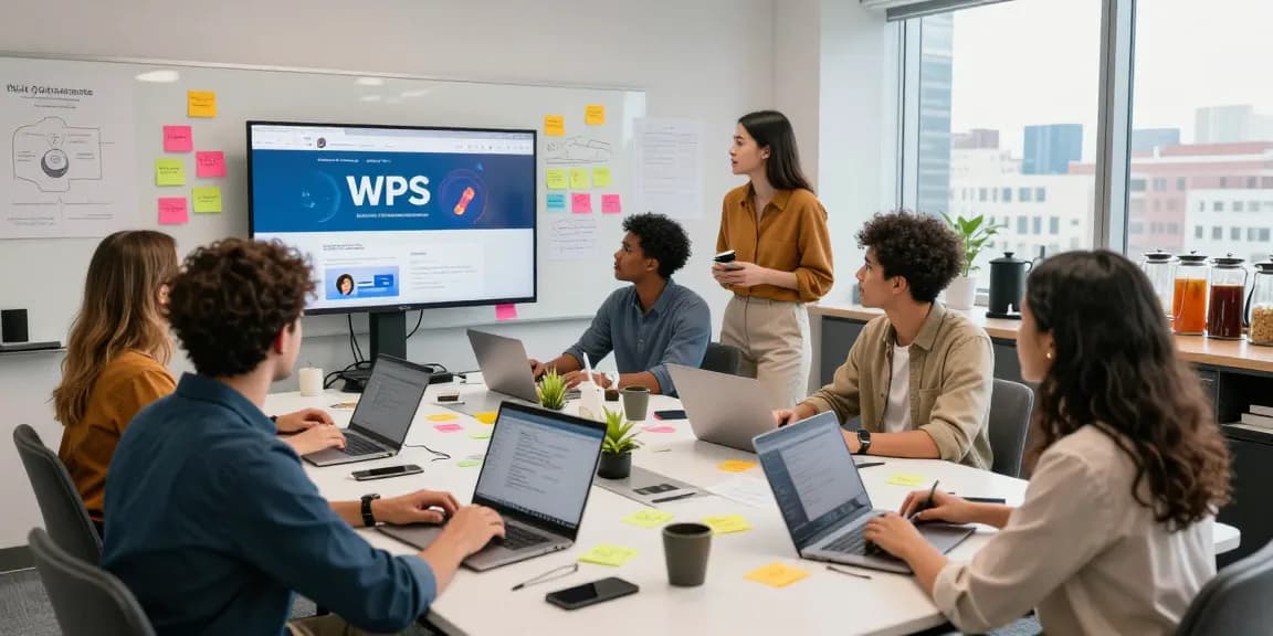Collaboration scene of professionals brainstorming WPS Official Website enhancements in a modern tech workspace.