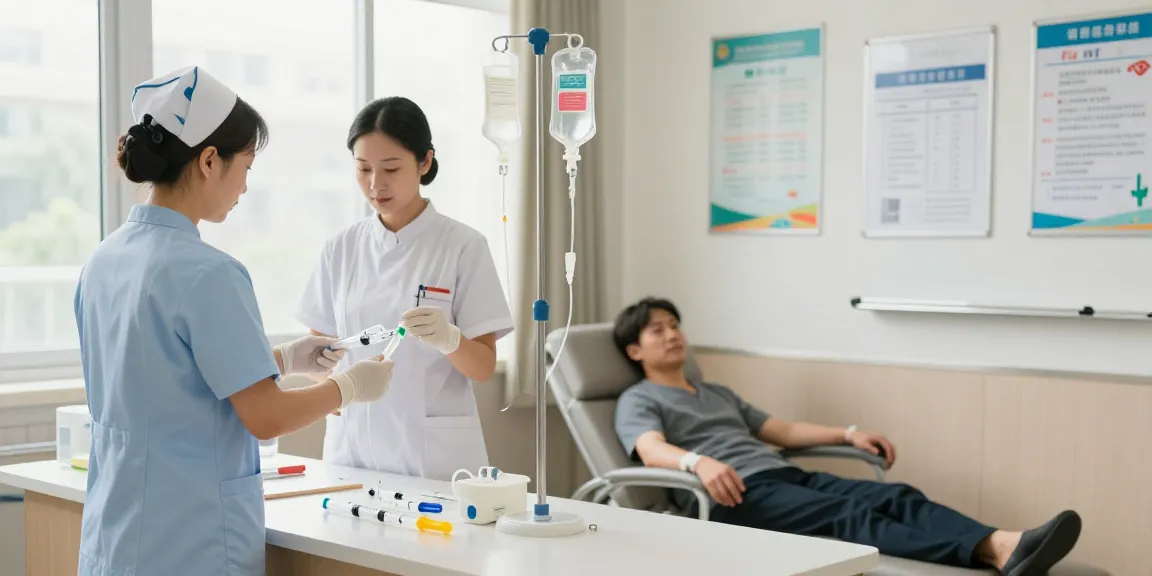IV therapy supplies arranged by healthcare professional in clinical setting, showcasing patient care environment.
