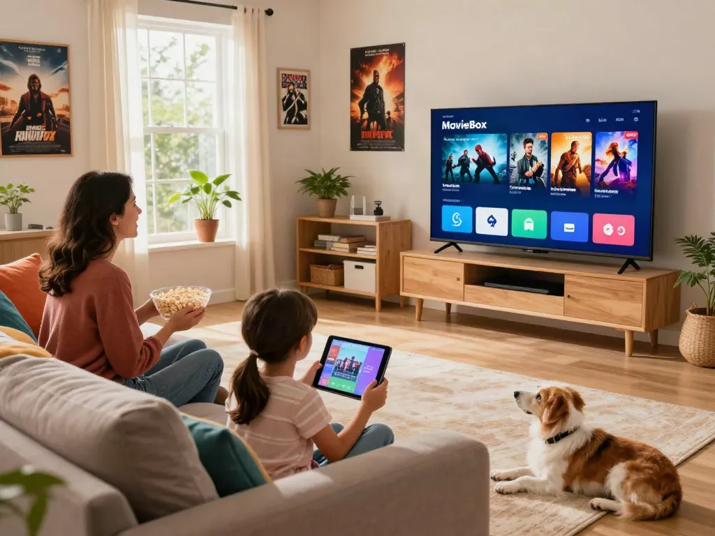 Family enjoying movie night using MovieBox app on smart TV in cozy living room.