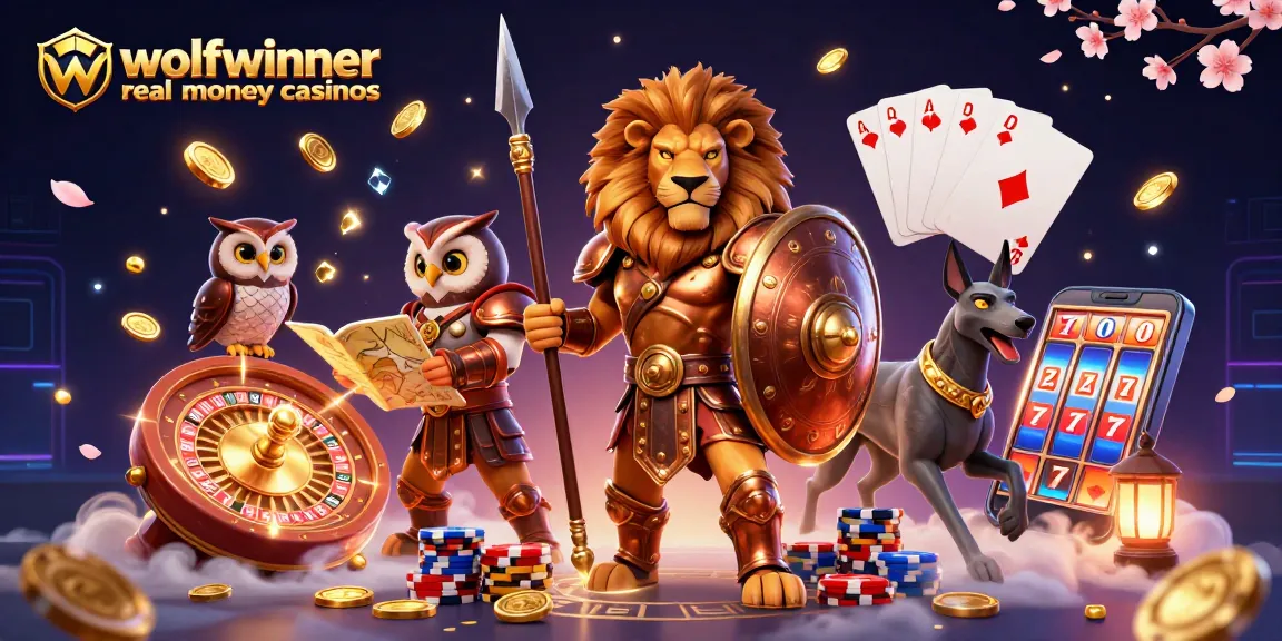 wolfwinner real money casinos scene featuring a heroic lion, tactical owl, and swift greyhound amidst casino elements.