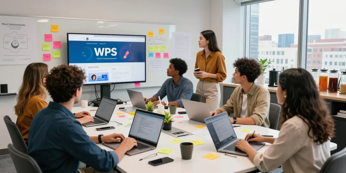 Collaboration scene of professionals brainstorming WPS Official Website enhancements in a modern tech workspace.