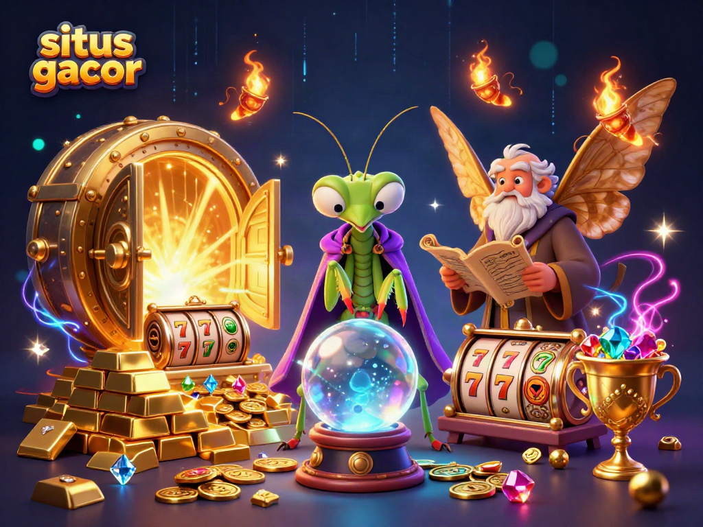 Engage with situs gacor through an enchanting casino scene with vibrant slot reels and mystical characters.