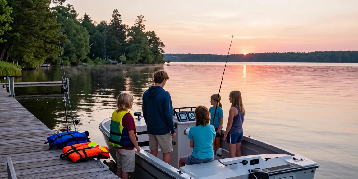 Families exploring boats for sale at a scenic marina on Kawagama Lake, joyful excitement.