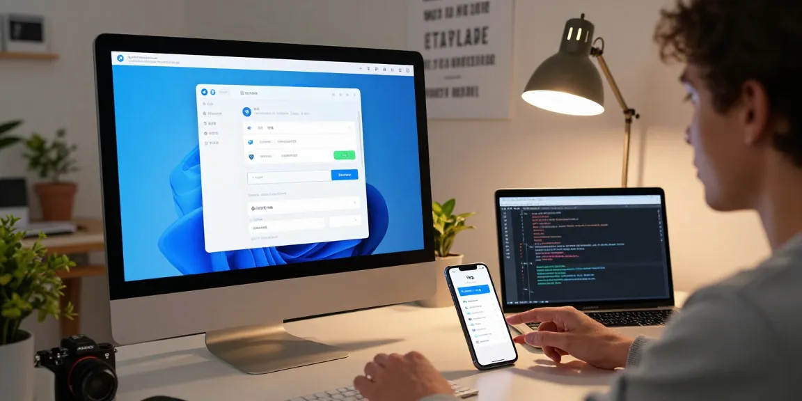 Adjusting Telegram Chinese settings on a computer with vibrant tech workspace.