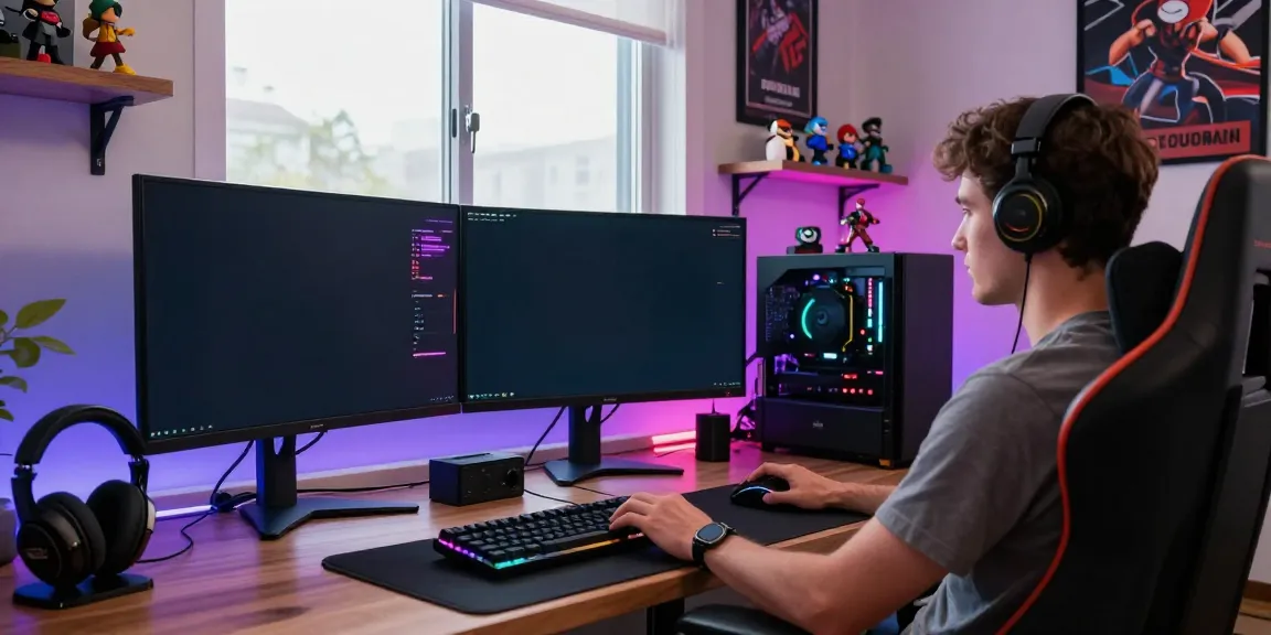 Gamer immersed in rokok88 gaming experience in a vibrant home office setup