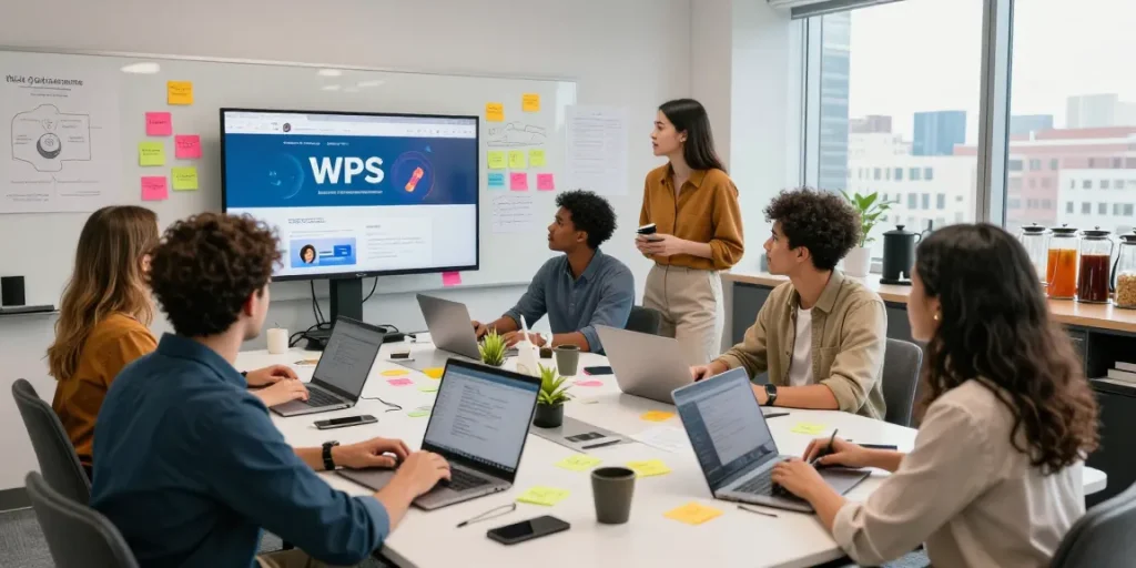 Collaboration scene of professionals brainstorming WPS Official Website enhancements in a modern tech workspace.