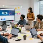Collaboration scene of professionals brainstorming WPS Official Website enhancements in a modern tech workspace.