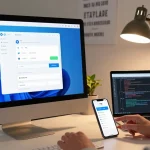 Adjusting Telegram Chinese settings on a computer with vibrant tech workspace.