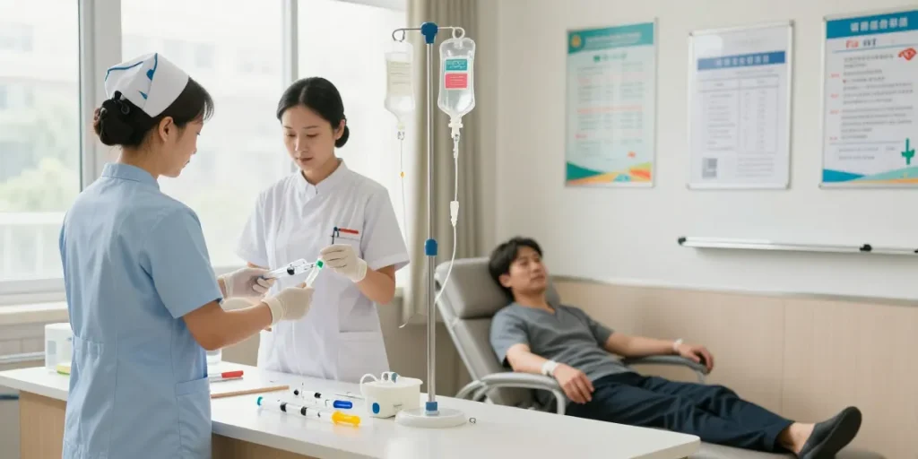 IV therapy supplies arranged by healthcare professional in clinical setting, showcasing patient care environment.