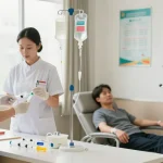 IV therapy supplies arranged by healthcare professional in clinical setting, showcasing patient care environment.