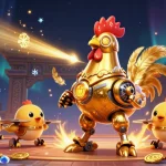 Experience thrilling casino games with this vibrant scene featuring robots and gold coins.
